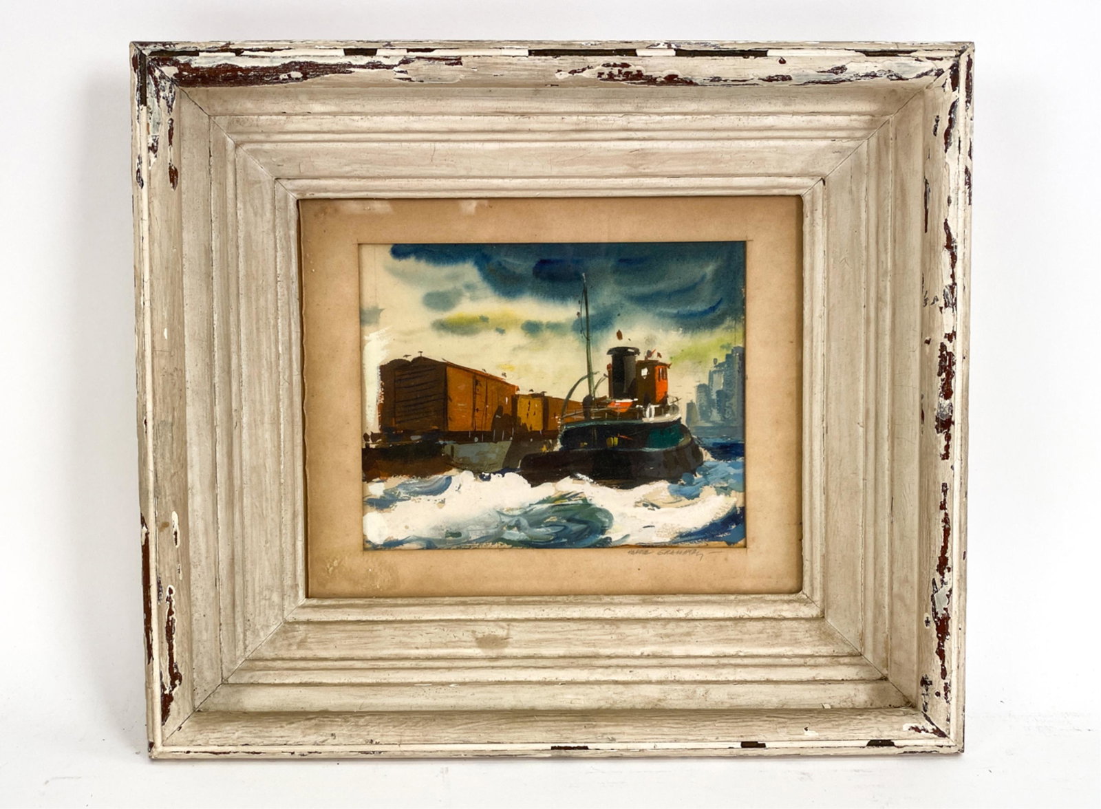 HARDIE GRAMATKY (1907-1979) WATERCOLOR TUG: Watercolor and gouache. Possibly NYC harbor, tug pushing a barge. Signed on mat. Dimensions: (Frame) H 12" x W 14.5", (Sight incl. mat) H 7.75" x W 9.5" Condition: Mat with age staining. Frame with lo