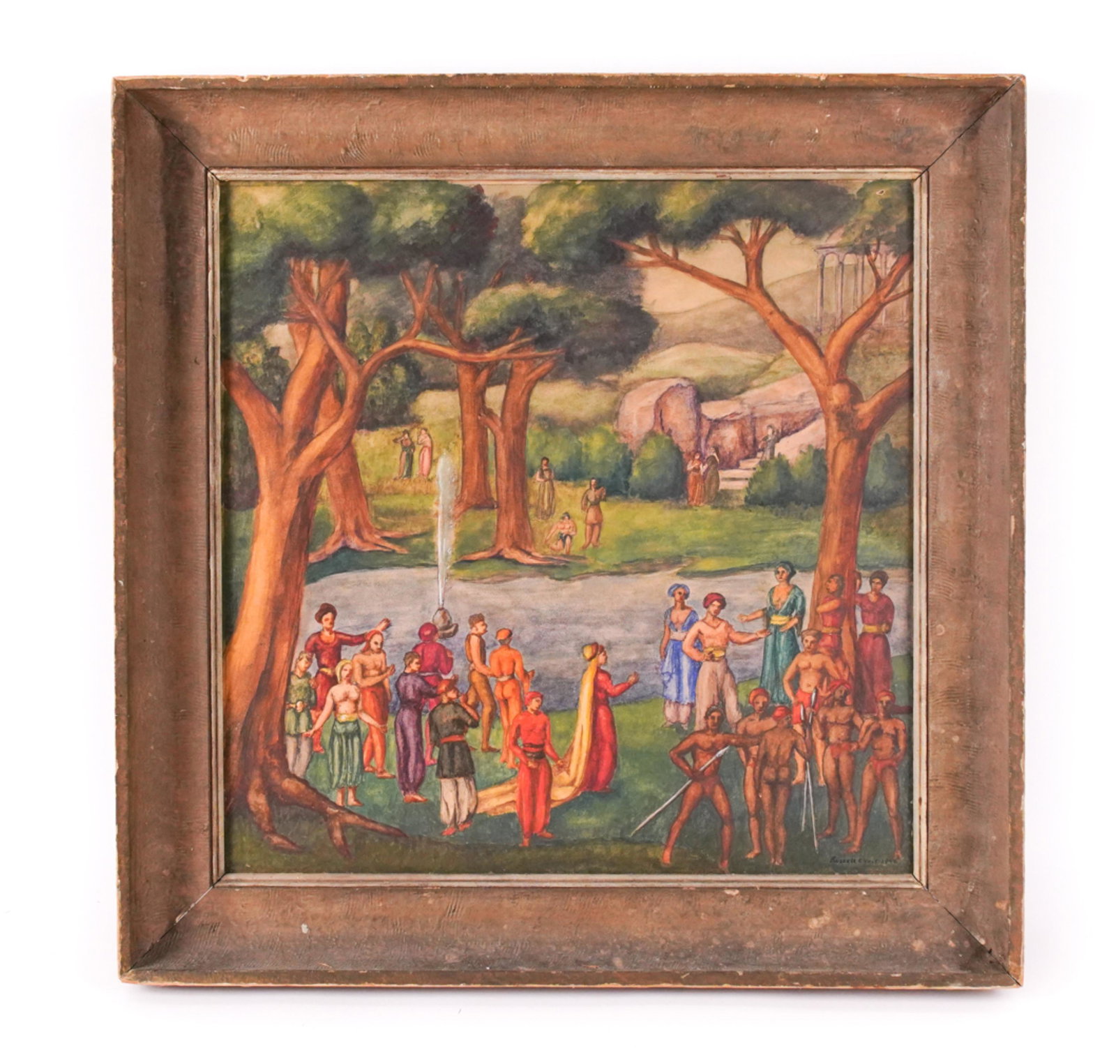 MODERNIST FOUNTAIN OF YOUTH WATERCOLOR 1942: Watercolor of various nationality figures around a fountain. Signed Russell C. Verr(?). 1942. Dimensions: (Frame) H 23" x W 23", (Sight) H 18" x W 18" Condition: Paper with some age toning. Frame with