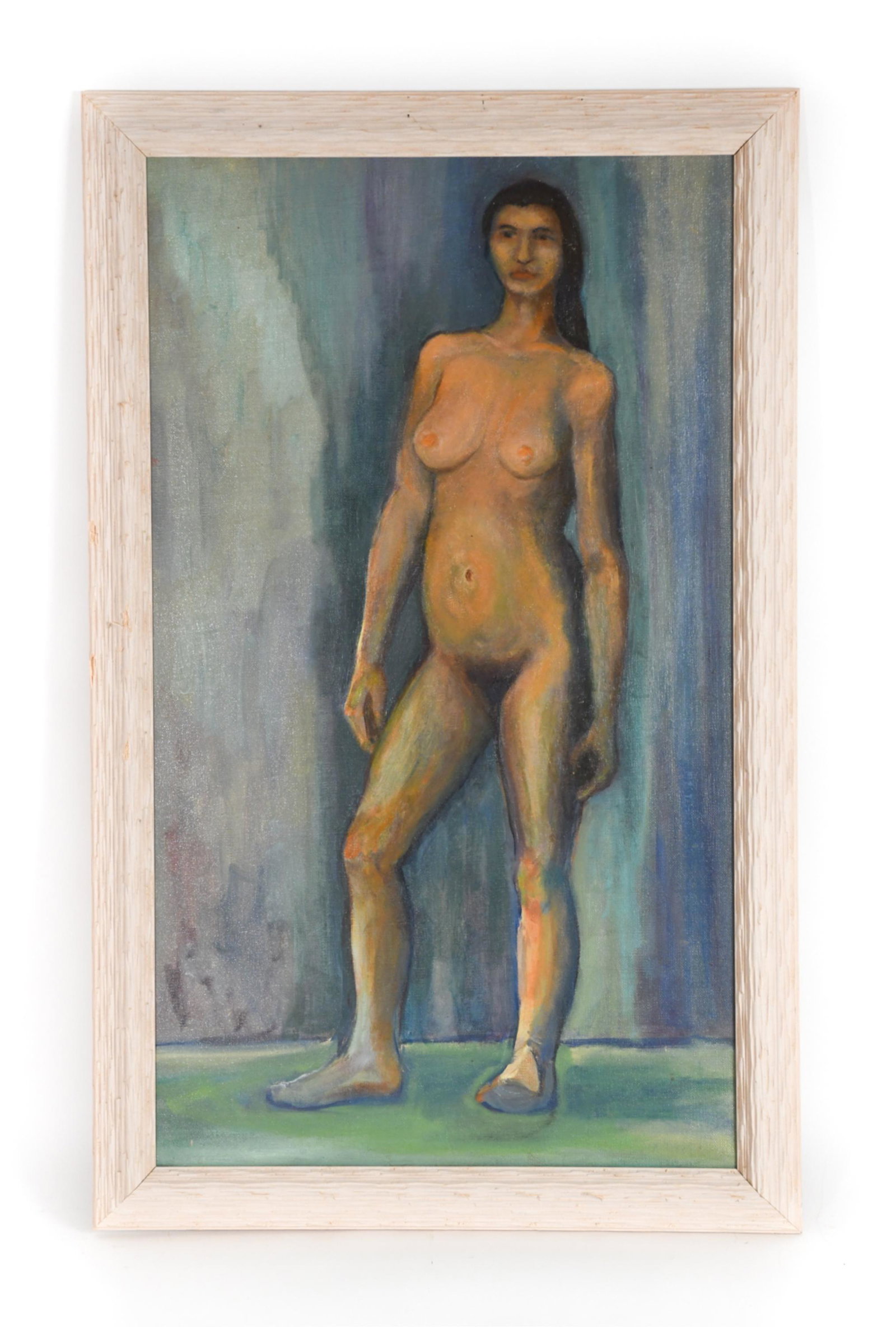 ANNE HELIOFF, WOODSTOCK, NY (1910-2001) O/C: Information according to label from Art Student League Class with Homer Boss. Oil on canvas female nude. Unsigned. Dimensions: (Frame) H 32" x W 20", (Canvas) H 29" x W 17" Condition: Re-stretched on 