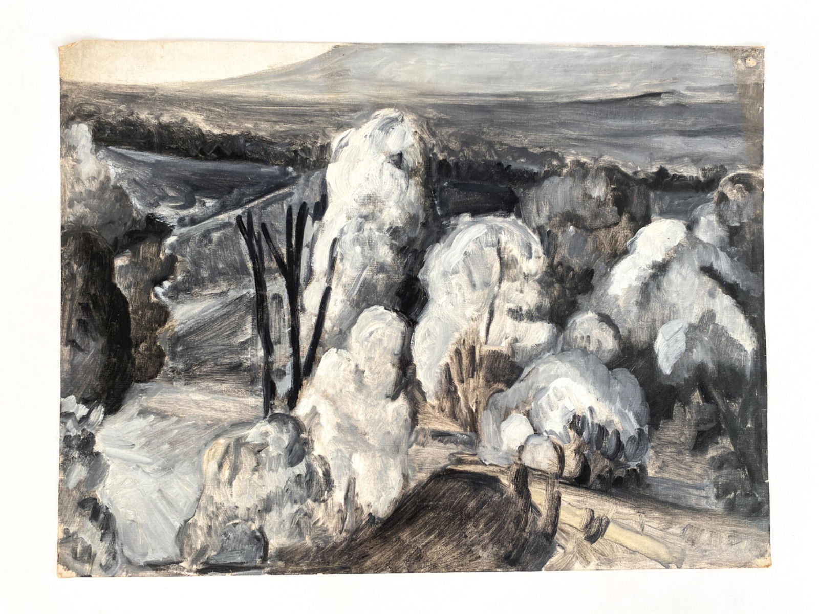 C. 1940'S MIDWEST REGIONALIST GRISAILLE STUDY: Unsigned. Oil on textured paper of a landscape. One of two being offered from a private Long Island collection, both variations of the same view. Dimensions: H 18" x W 24" Condition: Some light surfac