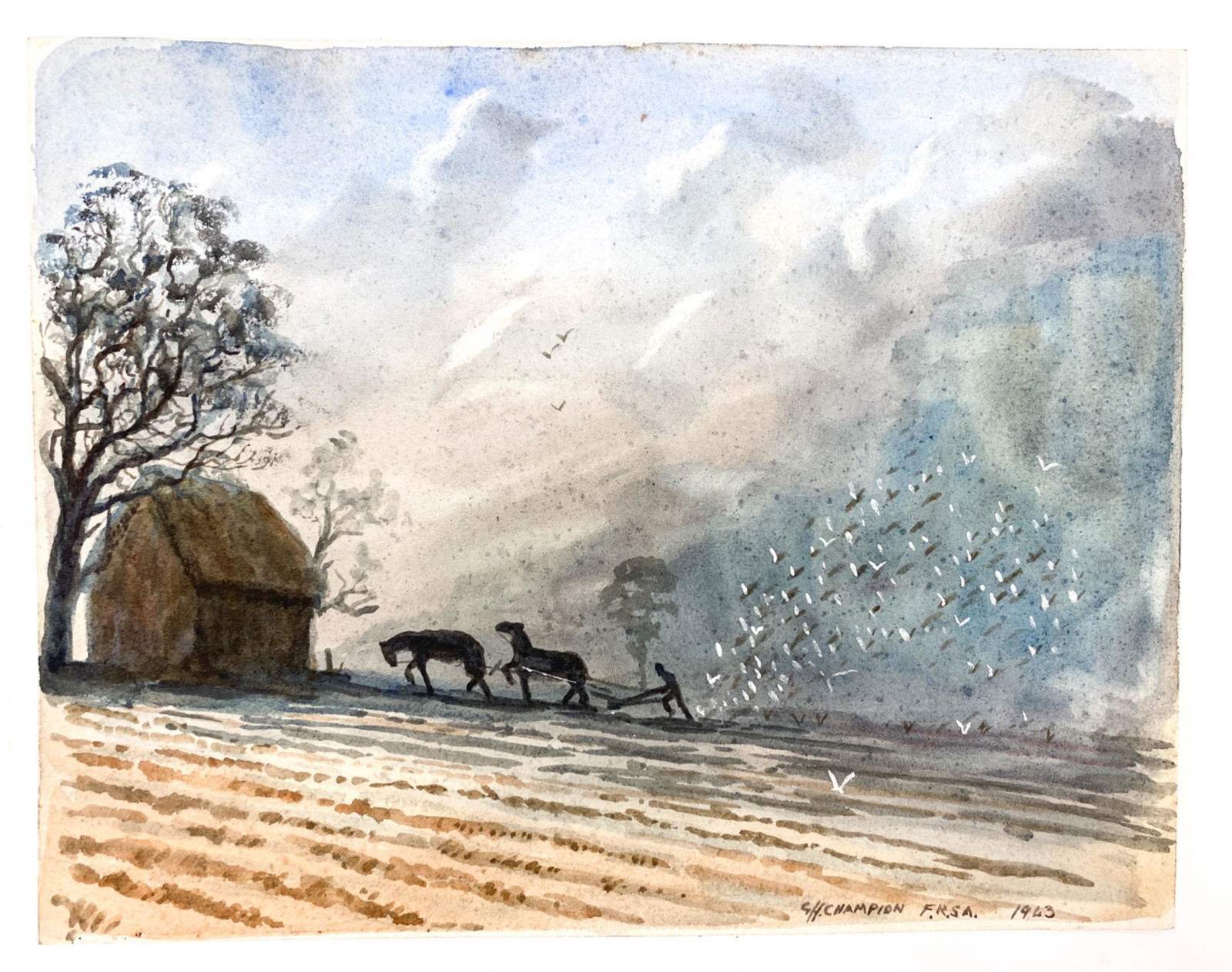 BRITISH 1943 WATERCOLOR PLOWMAN F.S.R.A. (1 of 7)