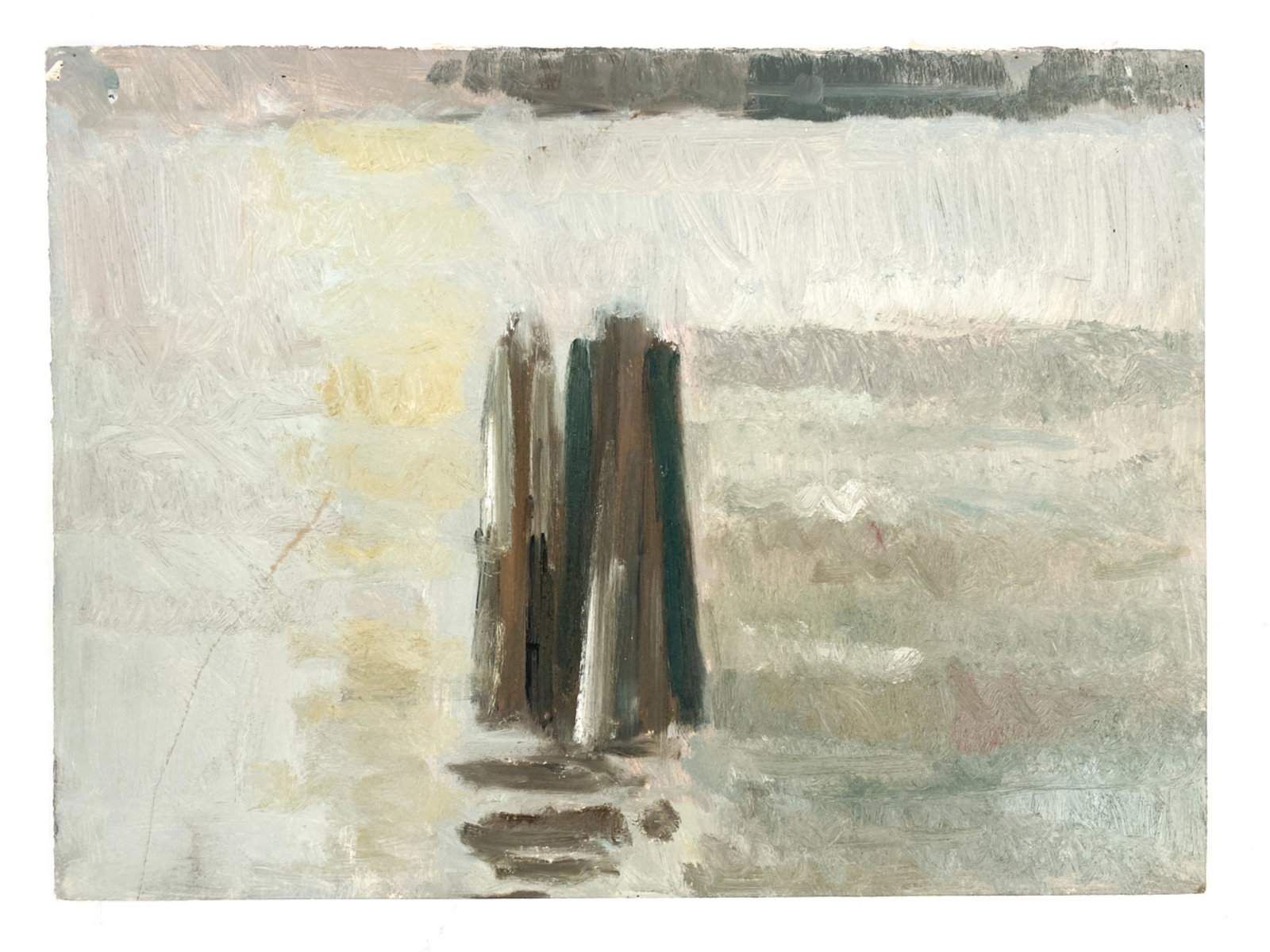 MID-CENTURY MINIMALIST OIL ON CARD: Simple composition with impasto and brushwork. Apparently unsigned. Dimensions: H 11" x W 15" Condition: Pinholes at corners.