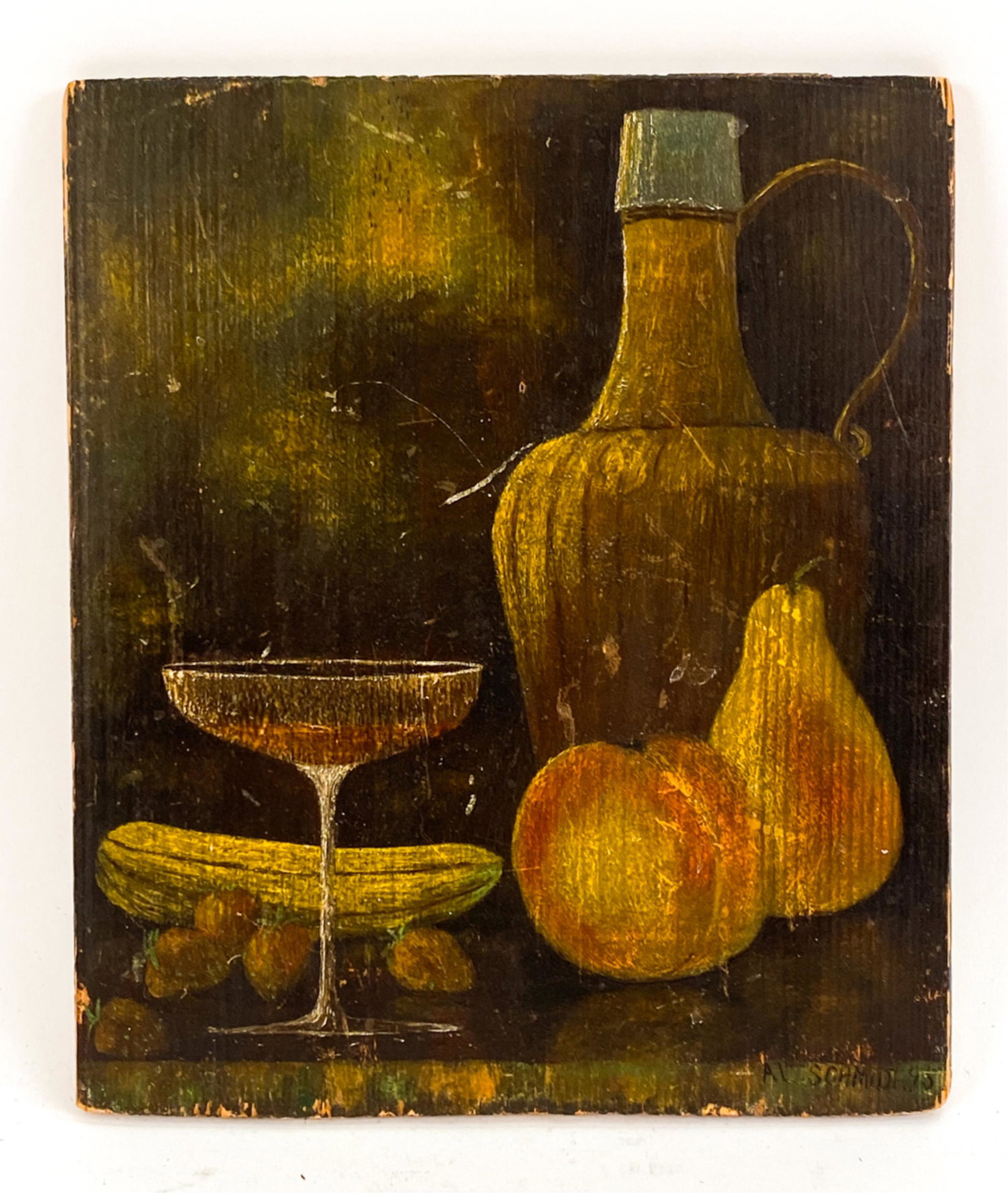 MIDWEST STILL LIFE OIL ON PANEL: Signed Al. Schmidt, dated '95. Still life. Supposedly purchased at a Midwest flea market. Dimensions: H 10" x W 8.5" Condition: Rubbing, scratches, etc.