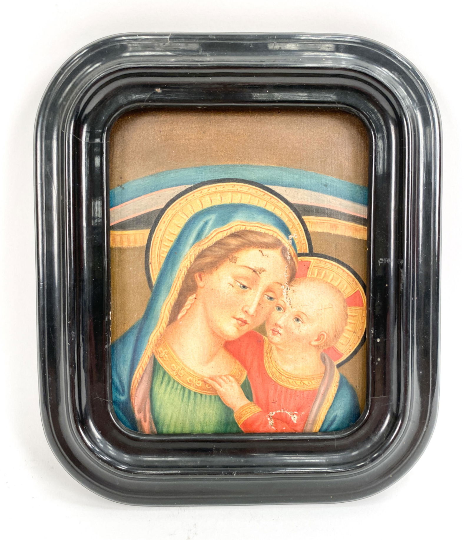19TH C. HAND-ENHANCED PRINT LAID TO CANVAS: Of Italian-style Madonna & Child. Dimensions: (Frame) H 11" x W 9.5" (Canvas) H 9.75" x W 7.5" Condition: Tears, paint loss, paper loss. Stains.