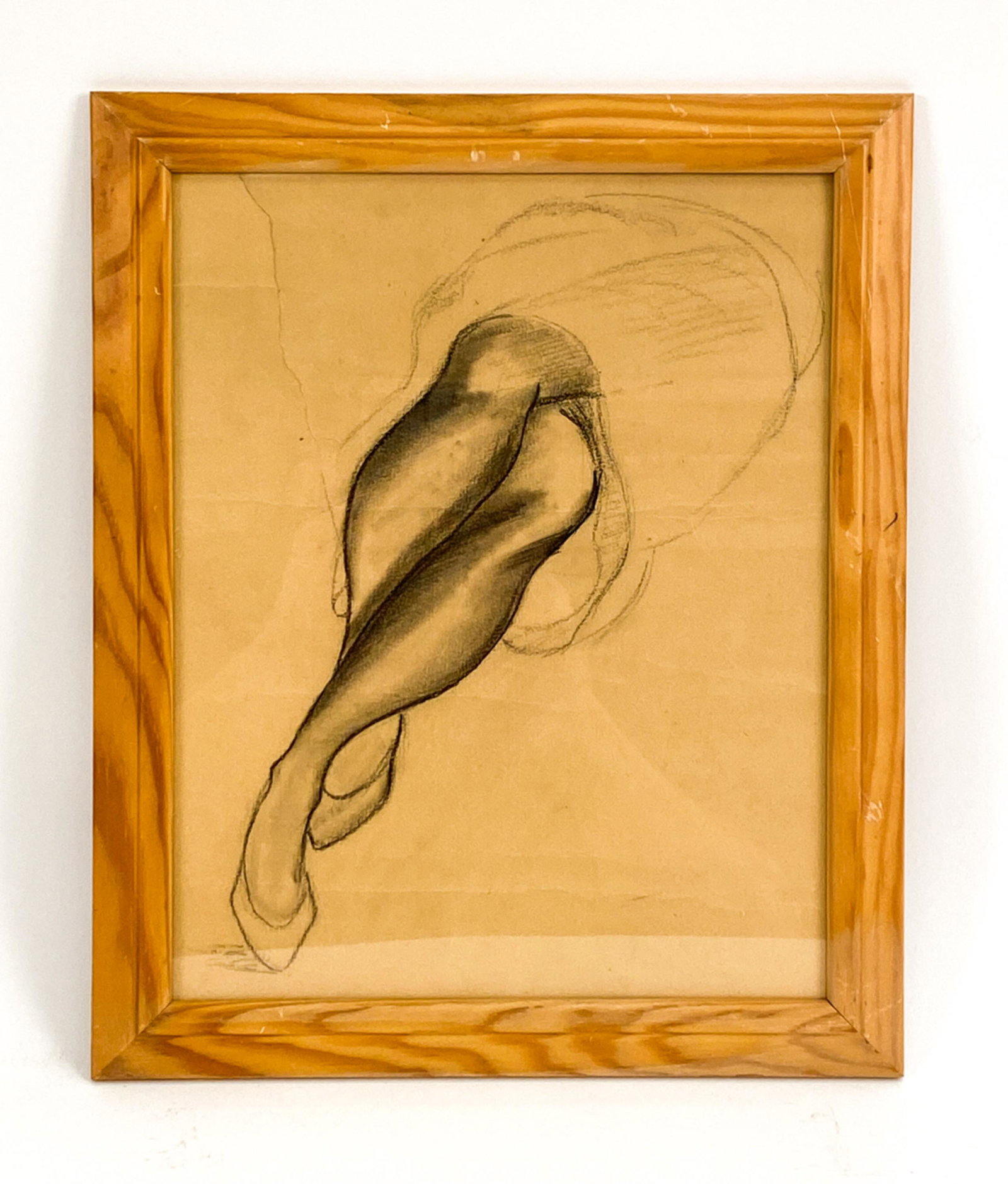 CHARCOAL DRAWING OF LEGS: Unsigned. Dimensions: (Frame) H 13.5" x W 11.25" (Paper) H 11.5" x W 9" Condition: Paper was rolled and flattened, creases throughout. Age toning.