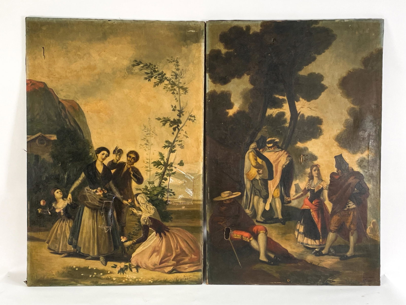 (2) MINGUEZ 19TH C. SPANISH O/C PAINTINGS: Both signed lower right. Costumed figures in landscapes. Dimensions: H 47.75" x W 31" Condition: Both with tears, damages, losses. Uncleaned. For restoration.