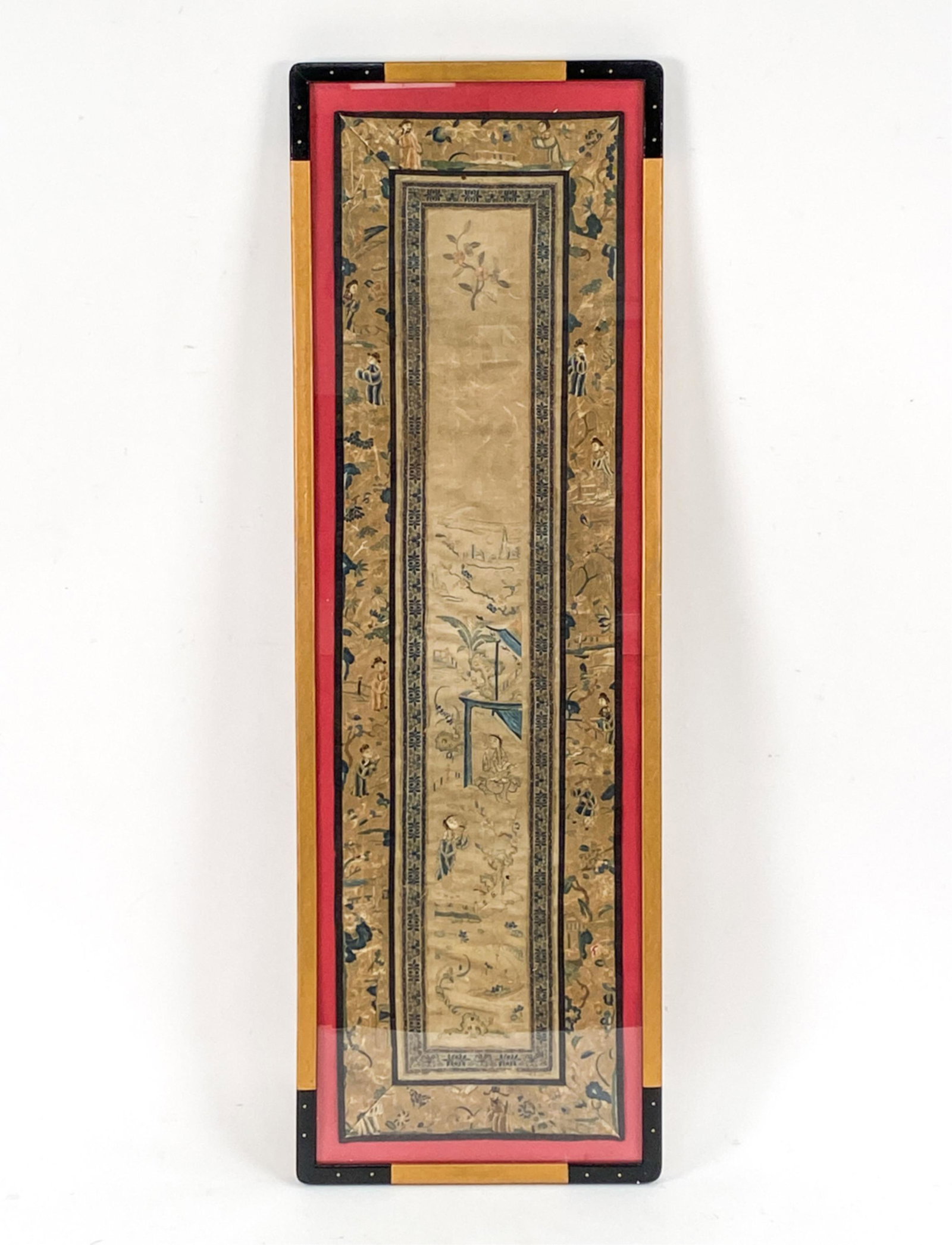 ANTIQUE CHINESE EMBROIDERY: Embroidery in silk on silk backing. With embroidered border. Framed. Dimensions: (Frame) H 41" x W 13.5" (Textile) H 37.5" x W 10.5" Condition: Age toning to silk. Borders trimmed from larger piece.