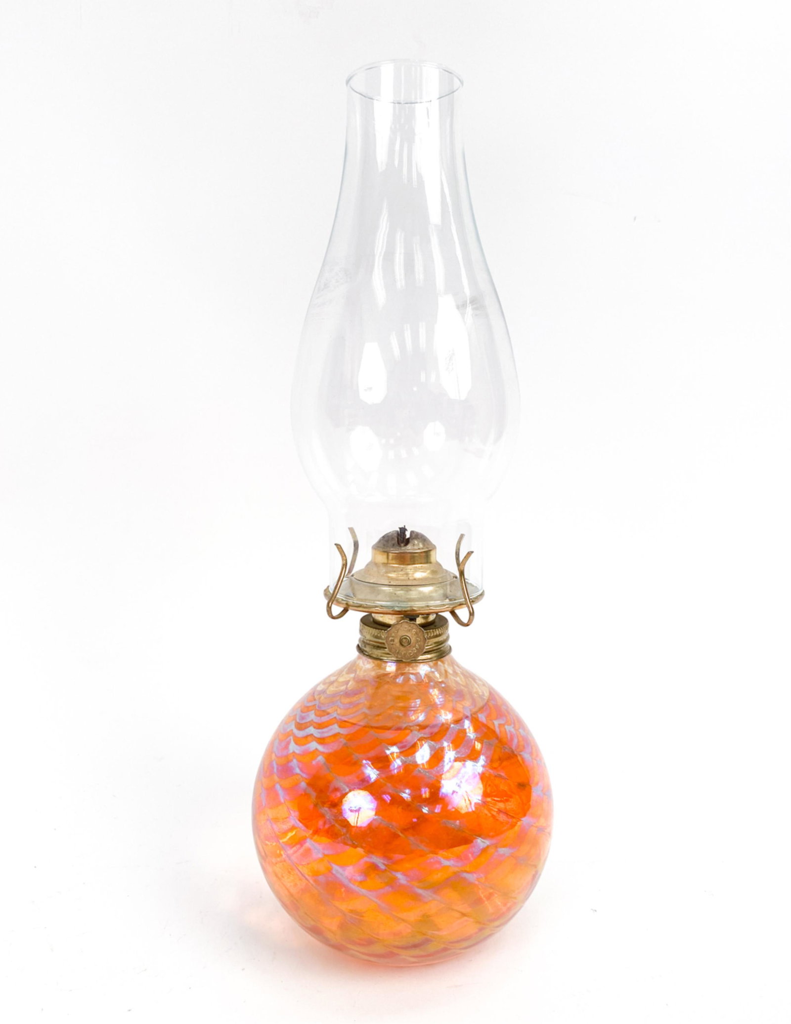 IRIDESCENT GLASS OIL LAMP: Appears unmarked. Dimensions: H 13.25" x Dia 5" Condition: Contains fluid. No wick. Brass darkened from burning. Some wear to bottom.