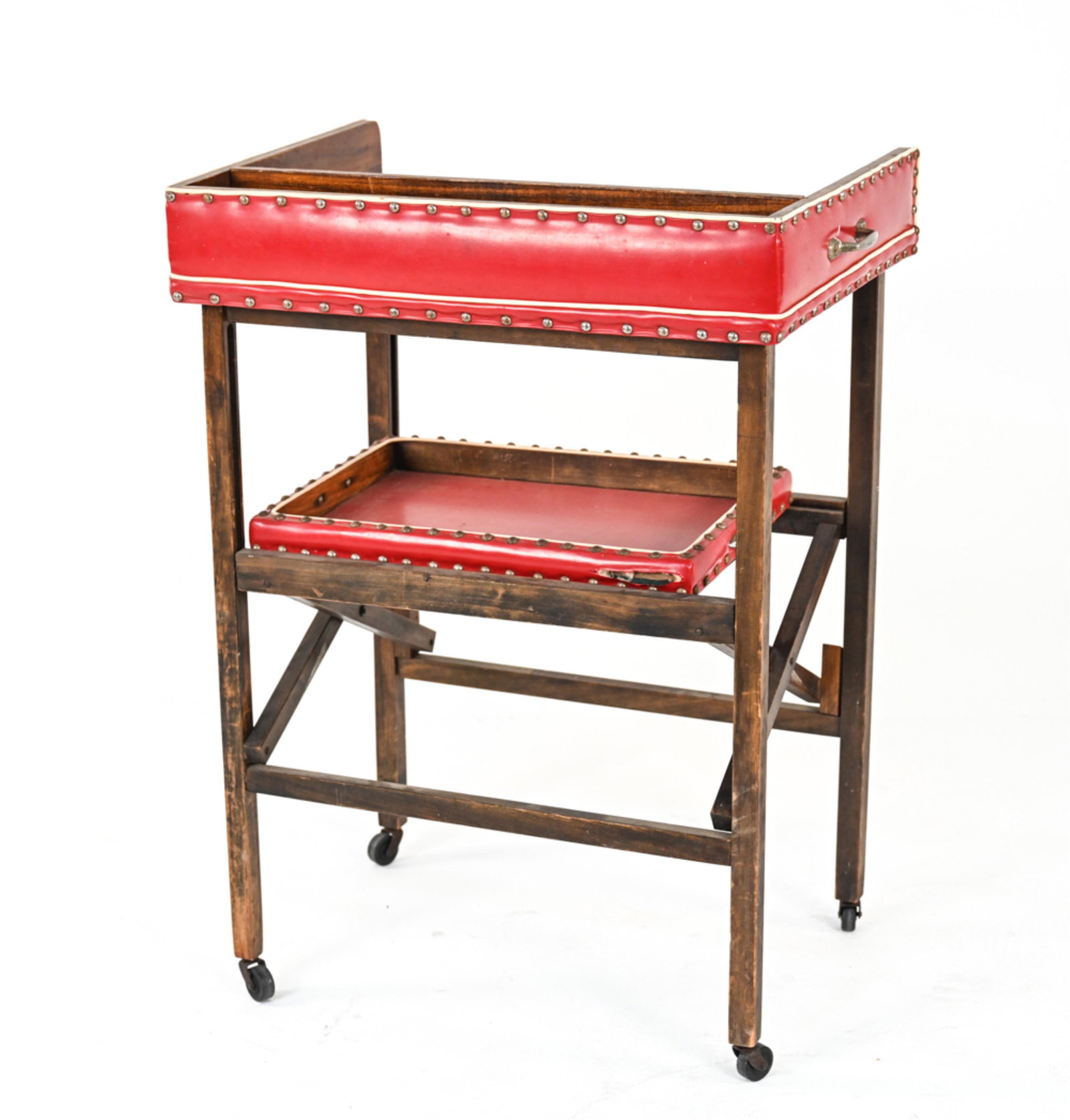 C. 1920'S/30'S CIGARETTE VENDING CART: Divided tray top with portable tray underneath. Upholstered in red and white banded vinyl. Dimensions: H 37" x W 26.5" x D 19" Condition: Wear and distress throughout.