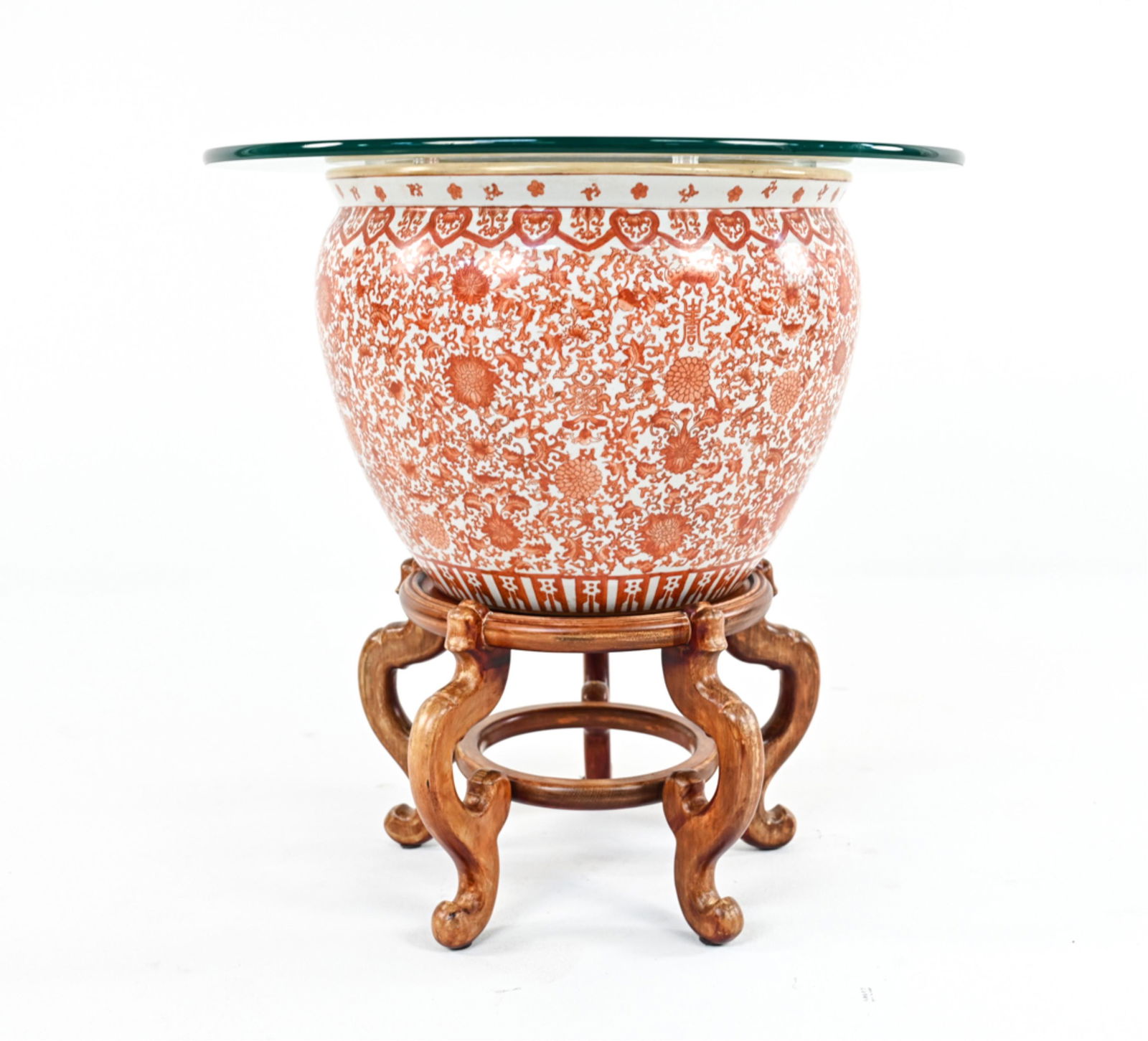 CHINESE PORCELAIN FISH BOWL, AS END TABLE: Dimensions: (Together) H 27.5" x Dia. 27"; Fishbowl alone measures H 16" x Dia. 20" Condition: Glass not attached. Some crazing to porcelain glaze. Scuffs and rubs to base, a few faint surface scratch