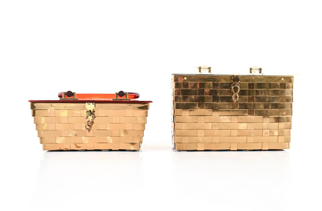 1960'S DORSET BRASS & ACRYLIC BASKET WEAVE PURSES: Dimensions: (Larger) H 5.75" x 9.5" x D 4.25" x Handle drop 3.25" Condition: Brass with some minor pitting; a few small spots of oxidation. Some scuffing to acryic/lucite. Wear consistent with age and