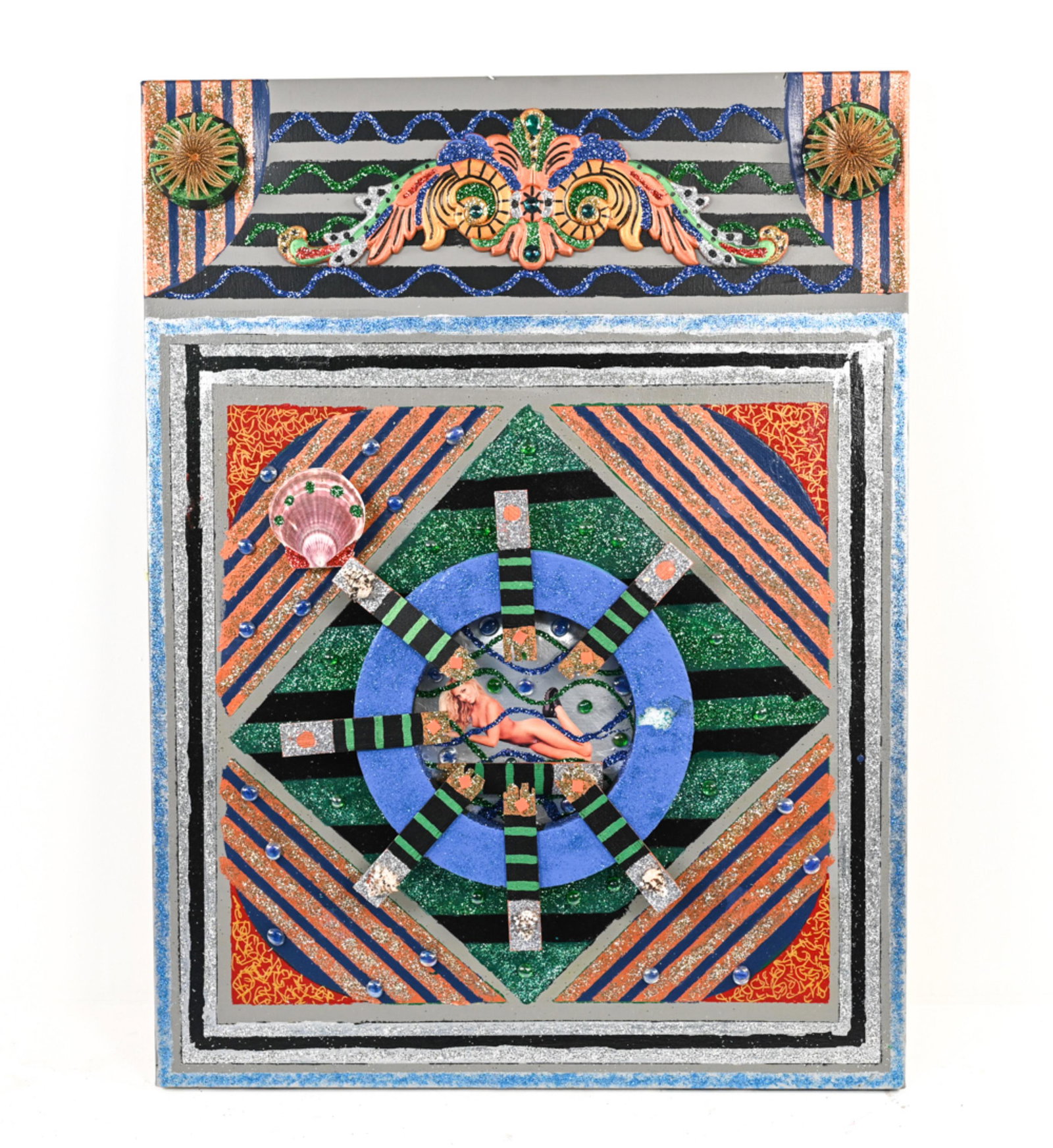 ROLAND ROBERGE (1945-2020) MIXED MEDIA: Sculptural mixed media with acrylic and metallic paints, glitter, Styrofoam, wood, collage, shells, aquatic life, and glass stones. Signed, dated 2006, and titled "Poseidon's Unfinished Mermaid Sofa P