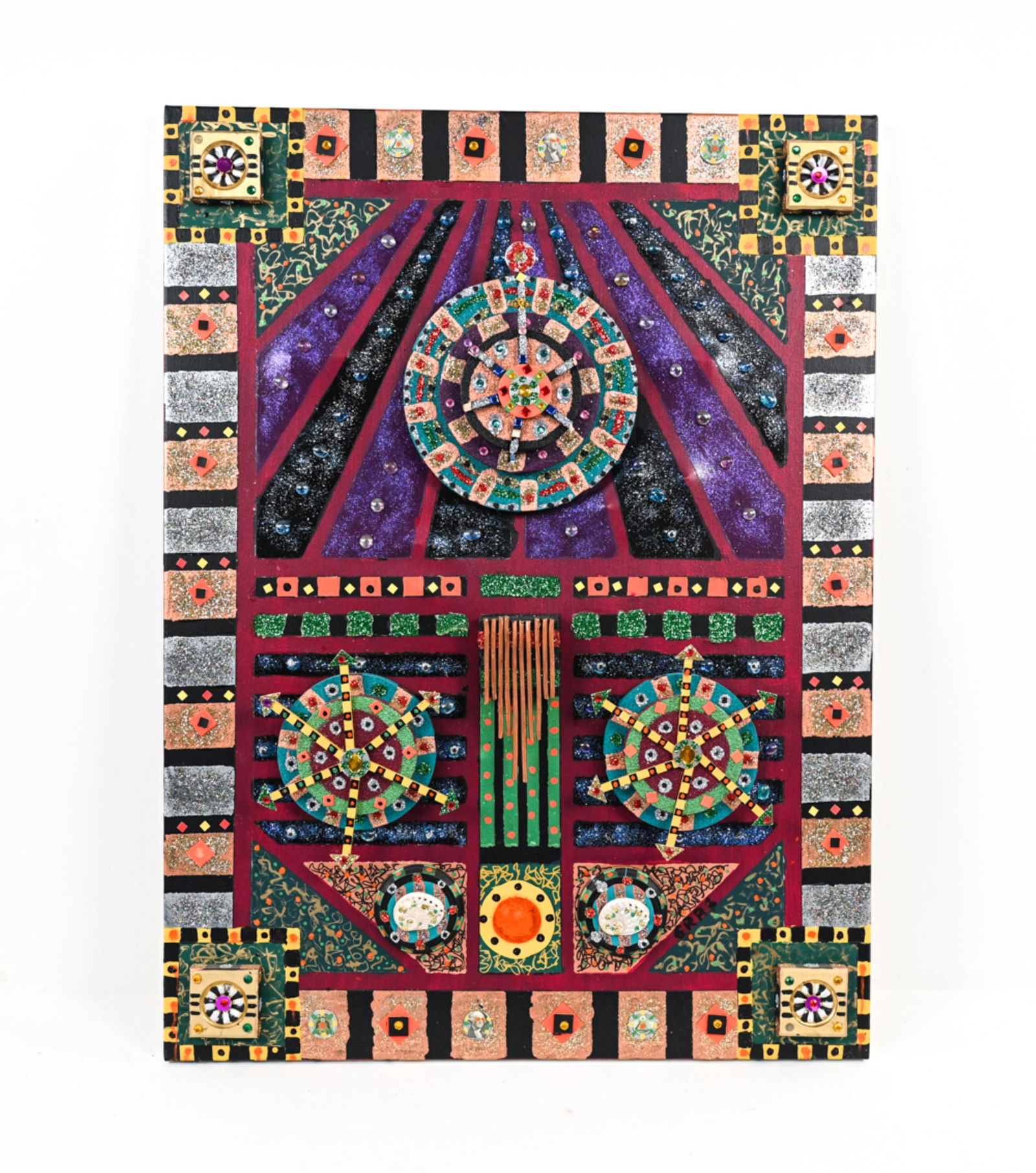 ROLAND ROBERGE (1945-2020) MIXED MEDIA: Sculptural mixed media with acrylic and metallic paints, glitter, casino tokens, collage, glass stones, Styrofoam, wood, rhinestones, copper, and shells. Signed, dated, 2/6, and titled "Casino Cowboys