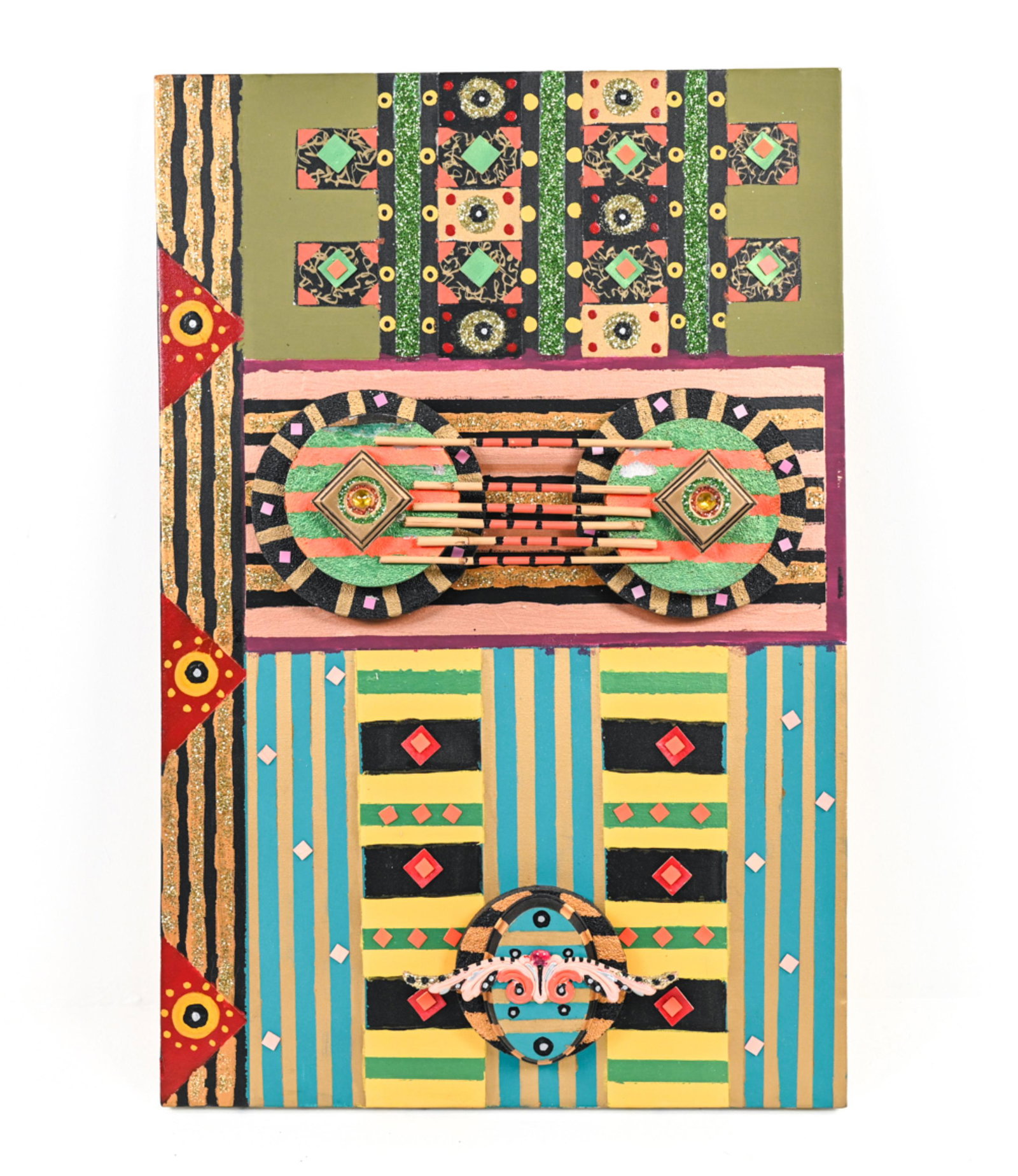 ROLAND ROBERGE (1945-2020) MIXED MEDIA: Sculptural mixed media with acrylic and metallic paints, glitter, Styrofoam, wood, bamboo, and rhinestones. Signed, dated 11/5, titled "Two mounds + a wink / Upside down ['Hooter' (struck through)] 'a