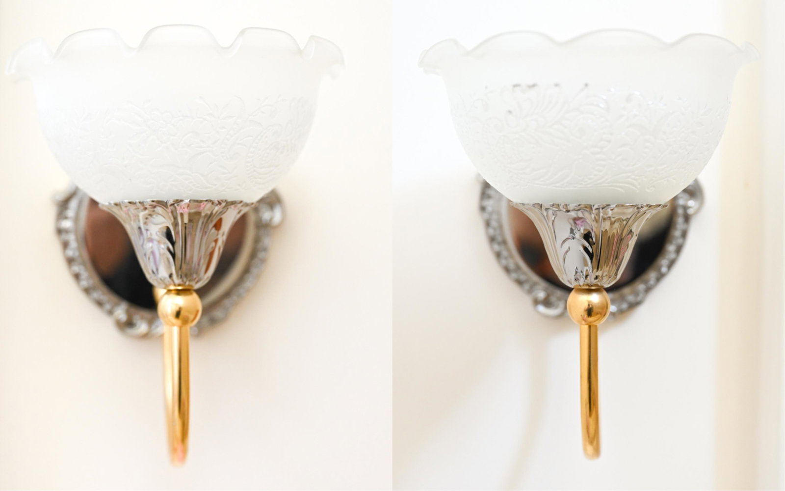 PAIR OF SCONCES: Contemporary. Dimensions: (With shades) H 9" x W 7" x D 9" Condition: Wiring functional. Showing light wear consistent with age and use.