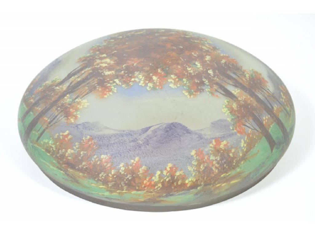 PAIRPOINT PAINTED LAMP SHADE: A Mushroom dome shade painted on the exterior with a Mountain landscape & trees. In Superb condition with minor flea bites on the shades rim. Fits a 15" diameter base as shown in Edward & Sheila Malak