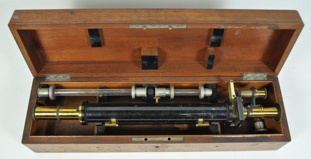 C.1900 GERMAN SACCARINOMETER: For Measuring the amount of sugar in Alcohol, Made by Franz Schmidt & Haensch, Berlin No. 691 Case Measures: 19.5" x 5.5" x 4.25