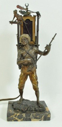 BERGMAN VIENNA BRONZE ARAB LAMP W/ MONKEY: Signed on bottom with B in a Sac. Measures: 11.5" Tall