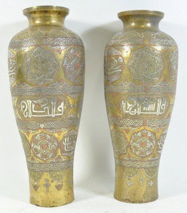 19TH C. DAMASCUS SILVER & COPPER INLAY VASES: Pair of huge, extremely tall and rare Damascus vases from the late 19th century. Silver and copper inlaid throughout, made by Jewish craftsmen in Damascus Syria. Measures: 16.5" tall