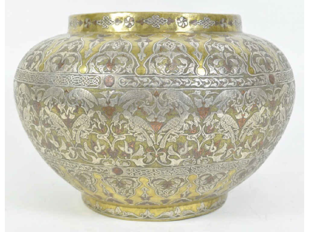 C. 1880 SYRIA DYMASCUS BOWL W/ SILVER & COPPER: INLAY Extremely Rare, Made by a Jewish silversmith, to Be given as a present for a family with newborn baby. 72 Birds feeding chicks depicted all around. Measures: 10.5" tall x 15" diameter