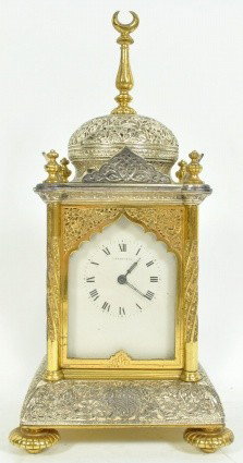 C. 1890 FRENCH CARRIAGE CLOCK RETAILED BY TIFFANY: Hand Engraved, in persian style with Mosque shape. silver on bronze For the Islamic Ottoman market. Measures: 11.25" tall Missing back door