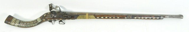 19TH C. SYRIAN RIFLE WITH EBONY & BONE INLAY: The barrel is decorated with Islamic motifs.