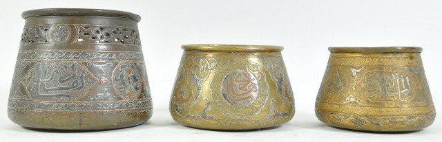 19TH C. SYRIAN DAMASCUS BOWLS GROUP OF THREE: late 19th century Damascus silver inlaid pots, hand-pierced and engraved.