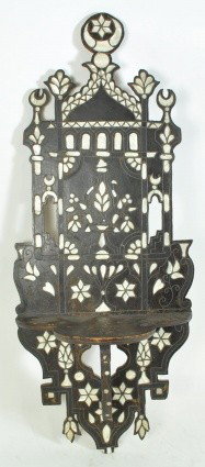 C. 1890 SYRIAN MOTHER OF PEARL INLAID WALL SHELF: Made for the ottoman market. Measures: 32" tall x 14" wide