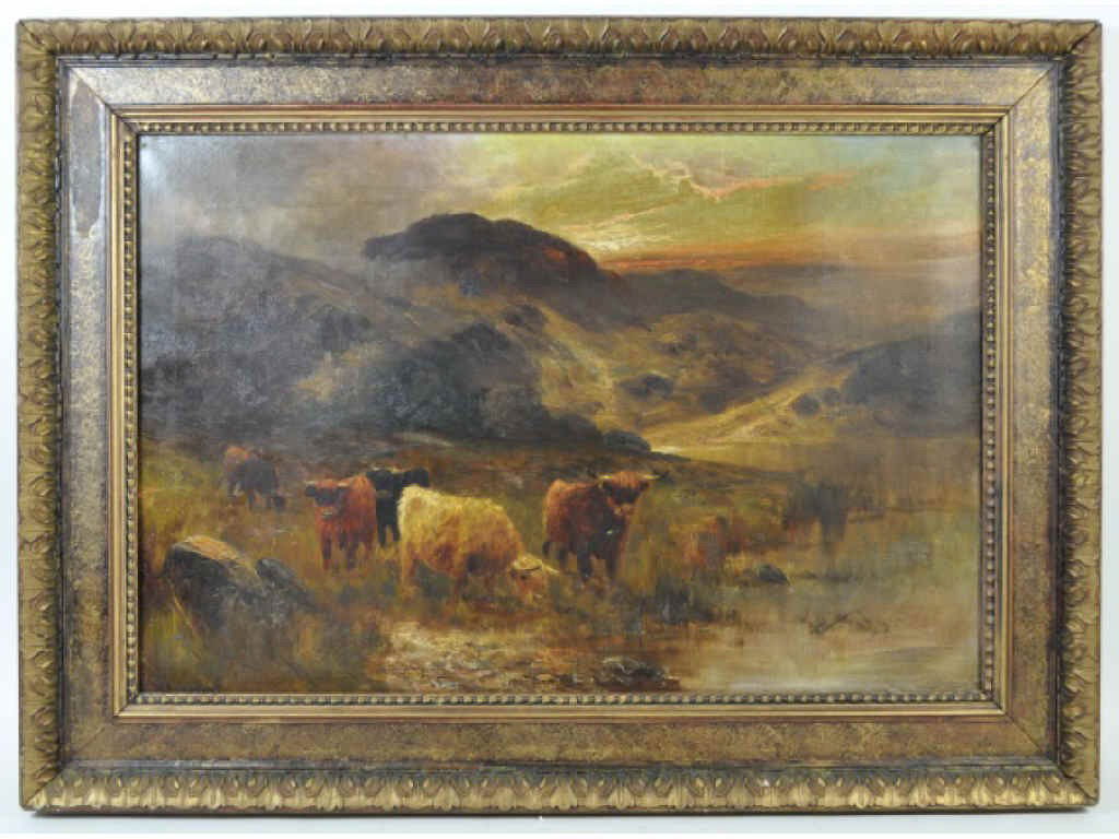 WILLIAM LANGLEY (1852-1922) OIL ON CANVAS: Highland Cattle, With a note 'Purchased at the Pitt House Hampstead, London 1923 Measures: 30" x 20"