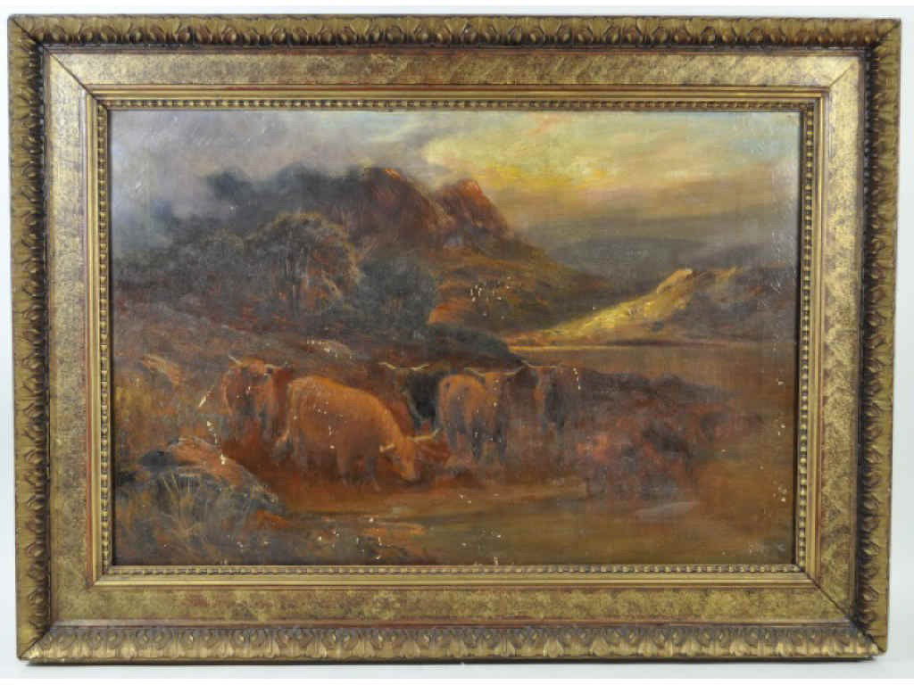 WILLIAM LANGLEY (1852-1922) OIL ON CANVAS #2: Highland Cattle, With a note 'Purchased at the Pitt House Hampstead, London 1923 Measures: 30" x 20"