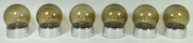 LIGHTOLIER 1980S SMOKED GLASS SCONCES, SIX: With chrome bases, wall mounts.