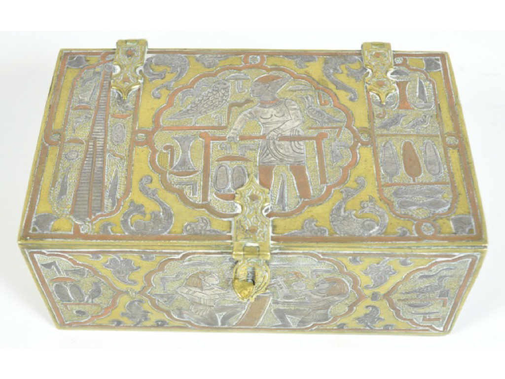 EARLY 20TH C. SYRIAN BOX W/ SILVER & COPPER INLAY: Measures: 6" x 3.5" x 2.5"