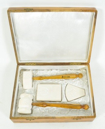 C. 1930 MASONIC OLIVEWOOD BOX FROM JERUSALEM: Inside the box are Masonic tools made of white stone from the King Solomon Quarry. Engraved on the box’s top is the Masonic symbol.