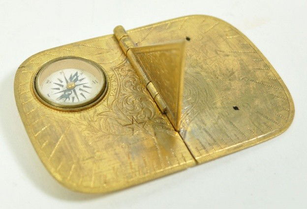 19TH C. GILDED BRASS COMPASS W/ SUNDIAL: Hand Engraved, Patent date 1875 Birmingham. Measures: 2.25" x 1.75"