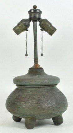 C. 1900 SYRIAN DAMASCUS ENGRAVED BRASS LAMP: Measures: 17" tall