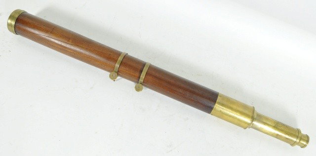 19TH C. BRASS & WOOD TELESCOPE OR SPYGLASS: Measures: 29" closed, the lens are foggy and need cleaning