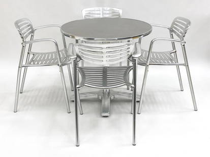 JORGE PENSI FOR AMAT "TOLEDO" SUITE, C. 1980'S: Spanish modern Jorge Pensi for Amat aluminum "Toledo" suite comprised of four chairs and table. Marked Amat underneath chairs, table with Indecasa label. Dimensions: (Chair) H 30" x W 22" x D 20" x SH