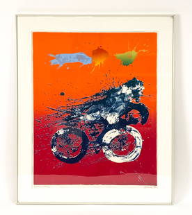 ARTHUR SECUNDA (B. 1927) SILKSCREEN: Silkscreen in brilliant colors. Numbered 49/50 lower right. Titled "Sunshine Streaker" lower left. Dimensions: (Frame) H 37" x W 31", (Sight) H 31" x W 24.5" Condition: Colors bright, slightly wavy in