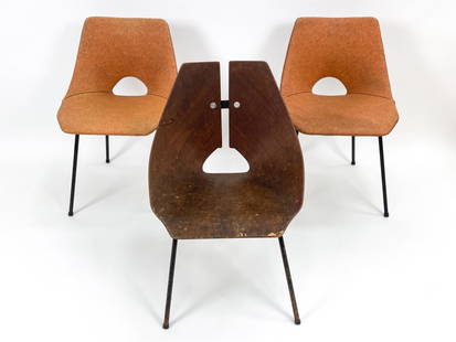 (3) MID-CENTURY RAY KOMAI CHAIRS: Including one molded bentwood chair and a pair of vinyl upholstered. Pair labeled underneath. Dimensions: (Bentwood) H 29.5" x W 21" x D 19.5" x SH 15.75" Condition: Some water stains, scratches, and