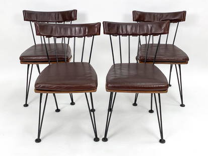 (4) RICHARD MCCARTHY STYLE MID-CENTURY SIDE CHAIRS: Four Mid-Century Modern wrought iron & oak side chairs in the manner of Richard McCarthy for Selrite. Removable leather back rest covers and seat cushions. Dimensions: H 30.75" x W 19.25" x D 20" x