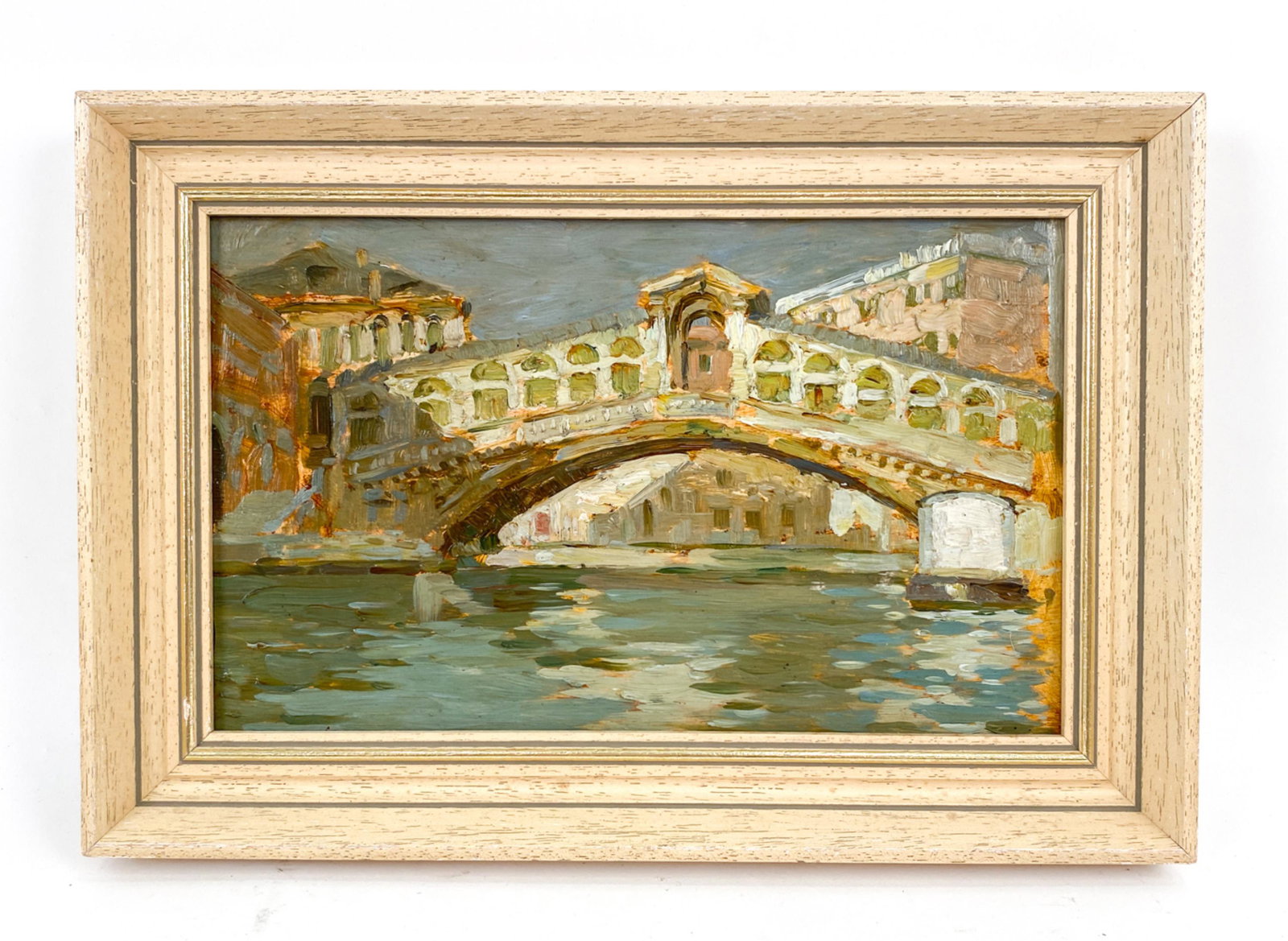 JEAN-BAPTISTE VALENTINELLI, BELGIAN (1913-1950): Oil on panel. Signed, titled "Vue de Venice" verso. Dimensions: (Frame) H 9.25" x W 13.5", (Panel) H 7" x W 11.25" Condition: Small loss to upper right corner of panel.