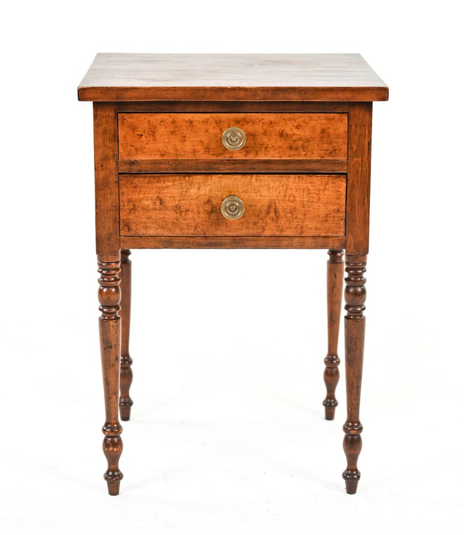 18TH C. BIRDSEYE-FRONT NIGHTSTAND/SIDE TABLE: With two dovetailed drawers. Dimensions: H 28.75" x W 20 " x D 18" Condition: Previous repairs/restoration including repaired stress crack to one side, small stress crack to one back leg, reinforcemen