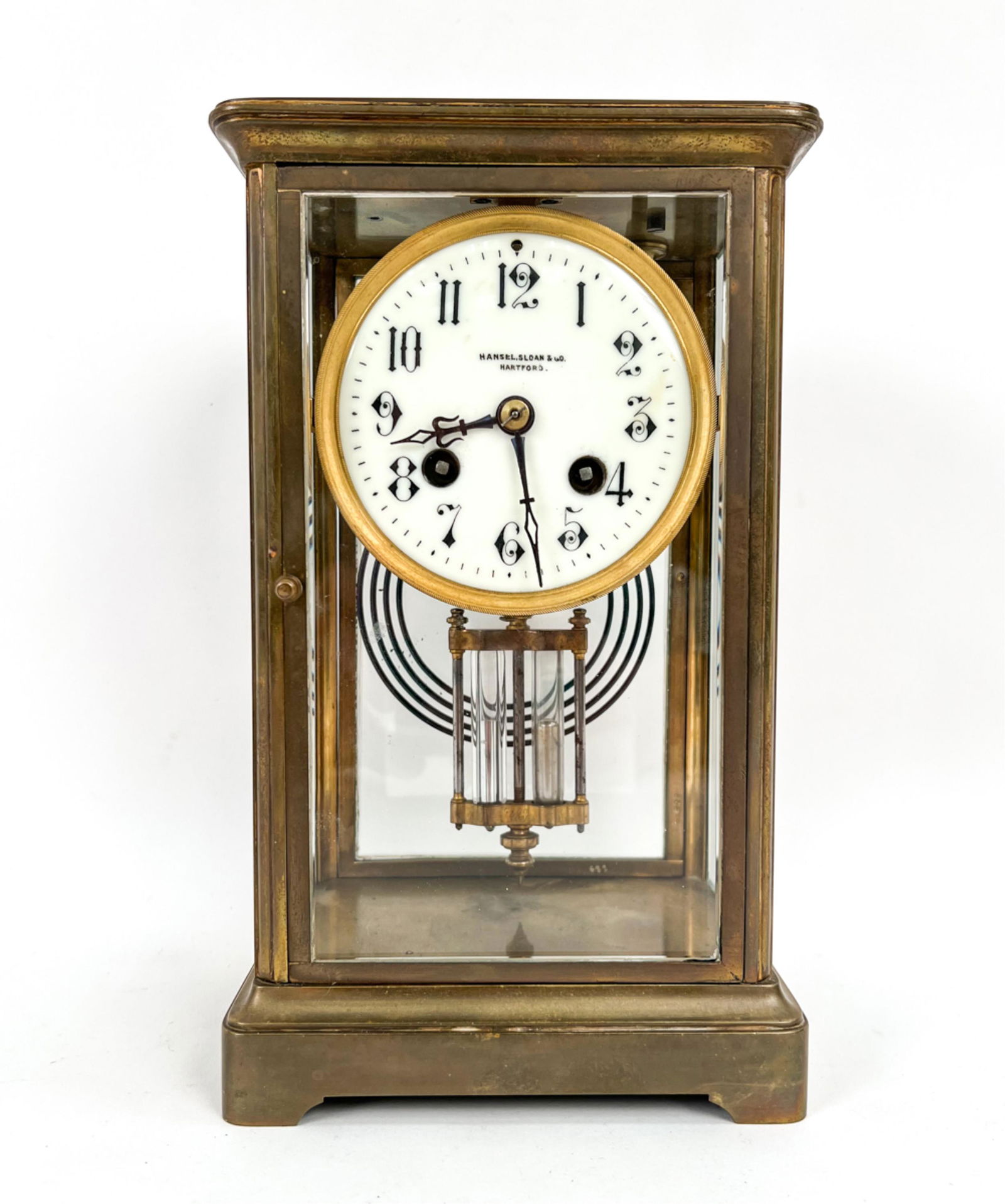 HANSEL, SLOAN & CO. ANTIQUE BRASS & GLASS CLOCK (1 of 10)