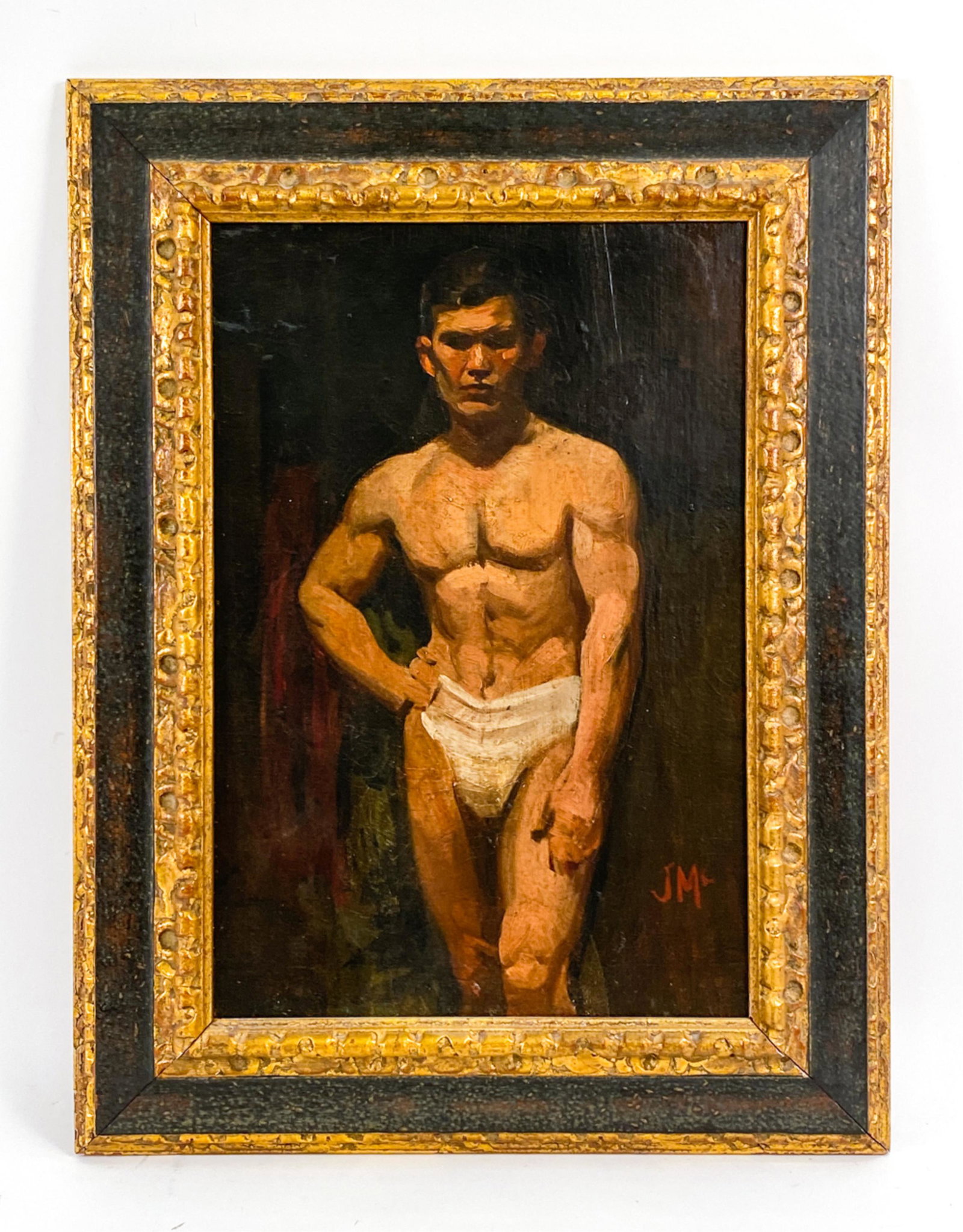 20TH C. MALE NUDE O/C: Initialed JMC lower right. Dimensions: (Frame) H 27.75" x W 21.25", (Sight) H 20.25" x W 13.75" Condition: Some craquelure. Slight corner separations to frame.