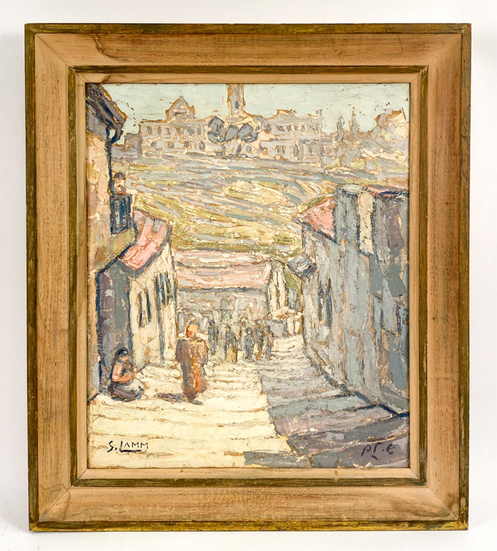 SHMUEL LAMM (1905-1944) ISRAELI O/C LANDSCAPE: Signed S. Lamm lower left, inscription lower right. Inscribed "Jerusalem" verso. Dimensions: (Frame) H 27" x W 23.5", (Canvas) H 22" x W 18.25" Condition: Craquelure and some paint losses. Frame wear.