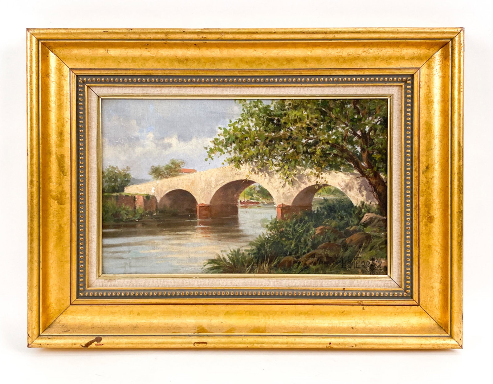 IMPRESSIONIST OIL ON CANVAS BRIDGE 1901: French view, signed Ferras, dated 1901 lower right. Dimensions: (Frame) H 17" x W 23", (Canvas) H 10.75" x W 16.25" Condition: Dirty surface. Unvarnished. Some losses.