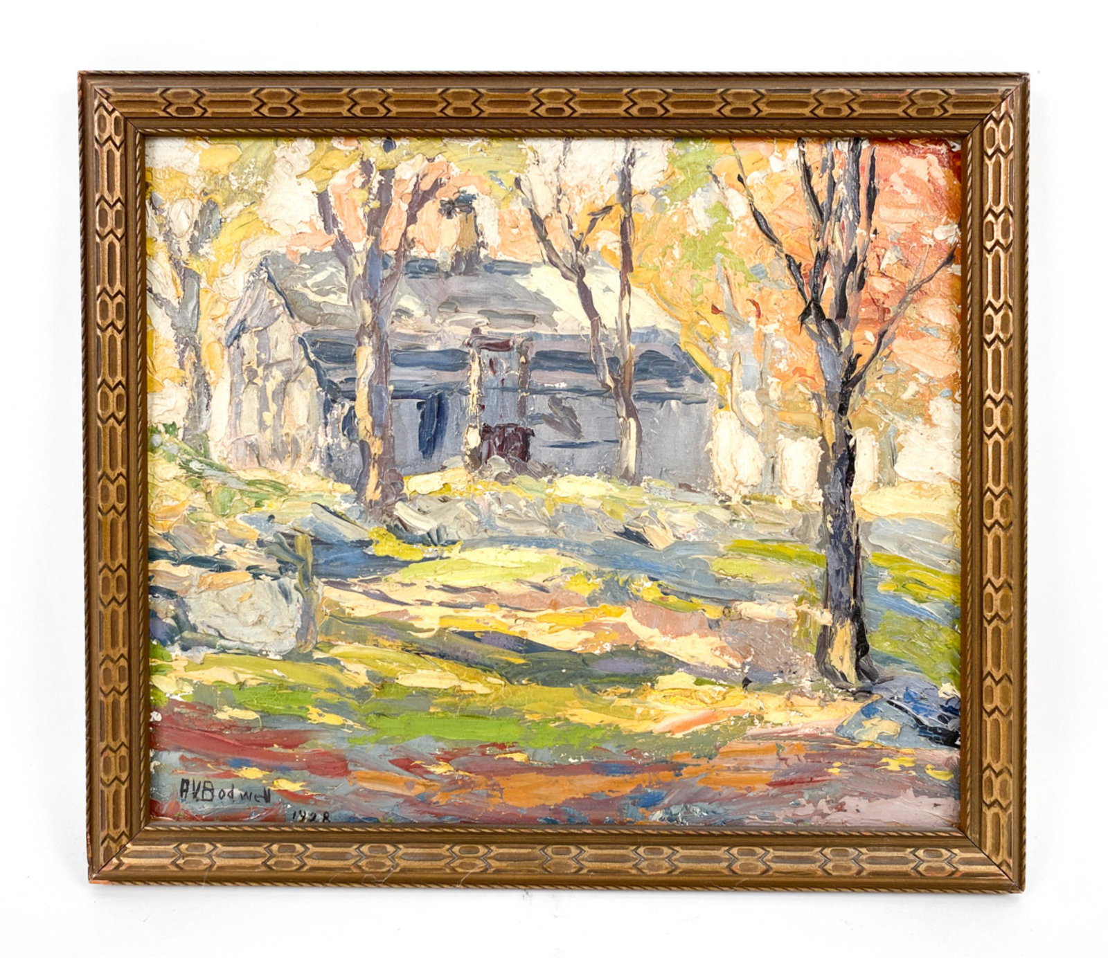 ARTHUR BODWELL (1890-1940) IMPRESSIONIST LANDSCAPE: Landscape with barn. Signed and dated 1928. Oil on board. Dimensions: (Frame) H 13.5" x W 15.5", (Board) H 12" x W 14" Condition: Some minor paint loss.