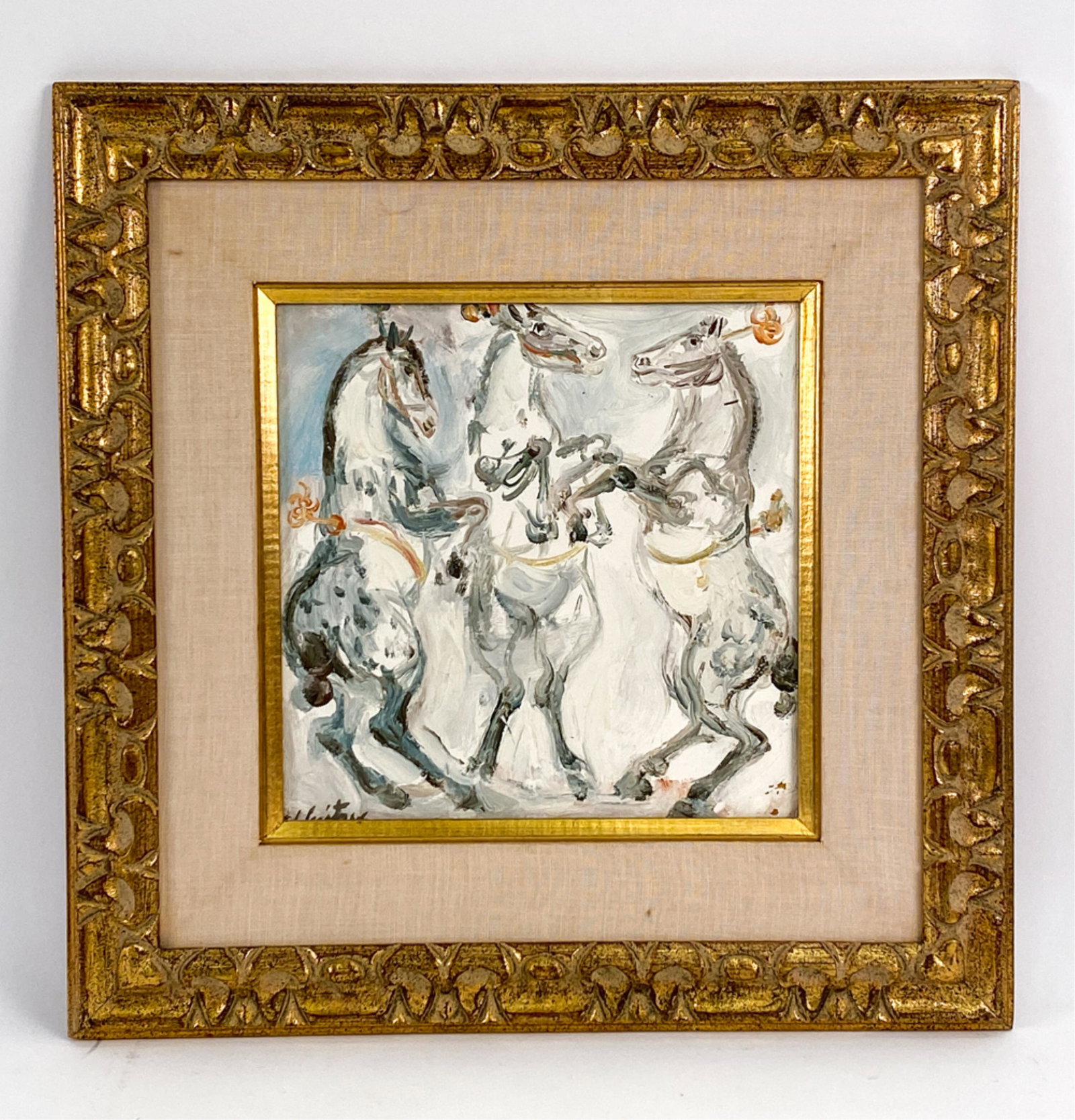 MODERNIST DANCING HORSES O/C PAINTING: Signed indistinctly lower left, partially covered by frame. Dimensions: (Frame) H 20.5" x W 20.5", (Sight) H 11.25" x W 11.25" Condition: Few small paint losses lower right. Small spots of soiling to 