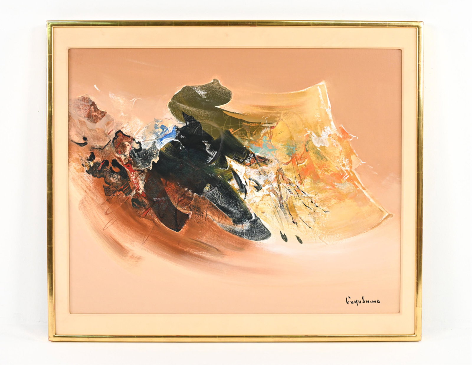 HIDEKO FUKUSHIMA, JAPAN (1927-1997) O/C: Signed lower right. With Brazilian gallery label verso. Dimensions: (Frame) H 37" x W 43.75"; (Painting) H 31.5" x W 39.5" Condition: A few scuffs, nicks and finish losses to frame.