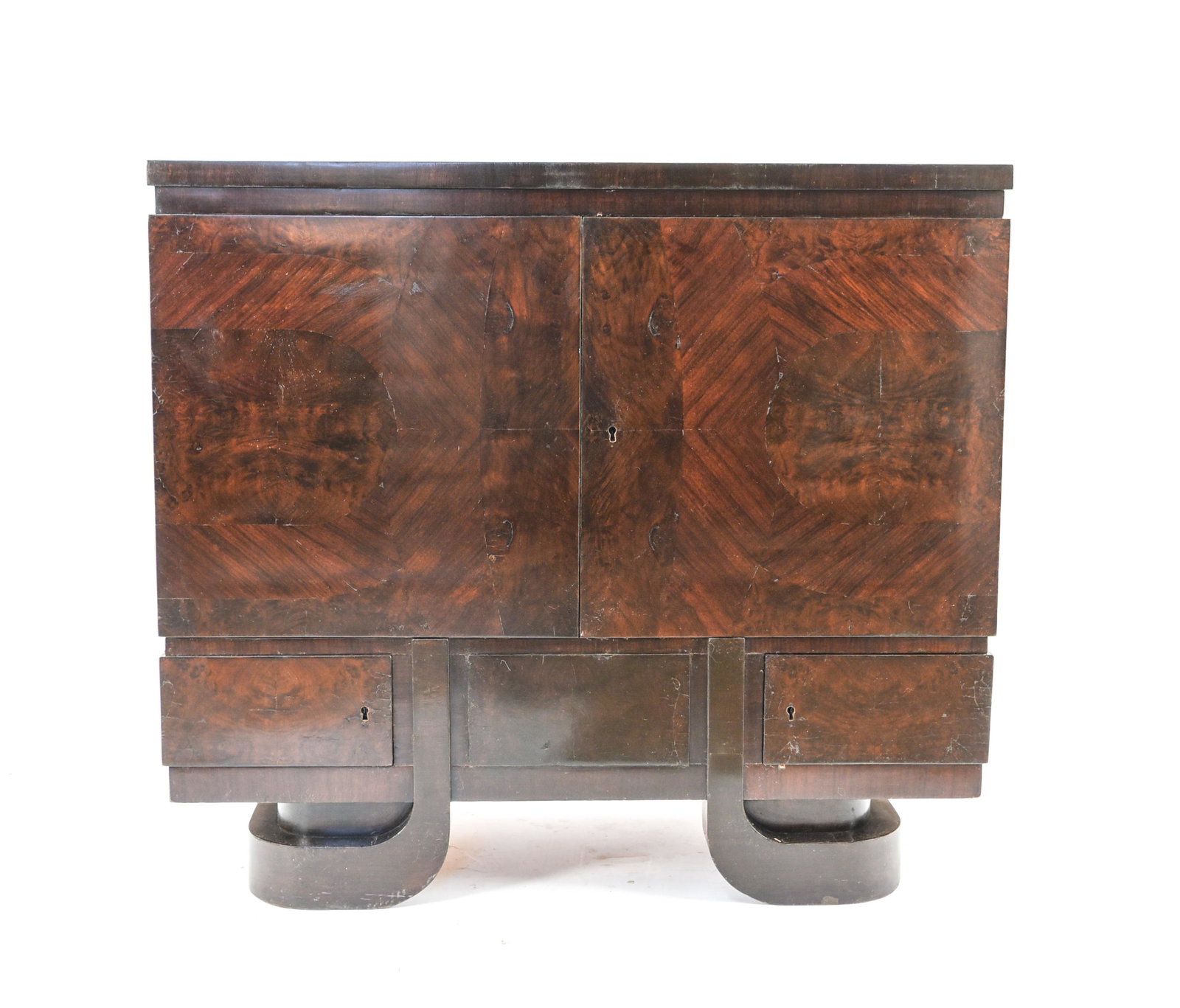 FRITZ GROSS ART DECO CABINET: Fritz Gross was one of the most notable Austrian cabinet-makers of the first half of the 20th century. Dimensions: H 39" x W 44" x D 19" Condition: Scratches, finish loss, chips to paint. Water stains